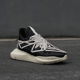 黑白R老爹鞋0欧洲站疯狂绑带低帮时尚潮男松糕厚底增高牛皮潮男鞋