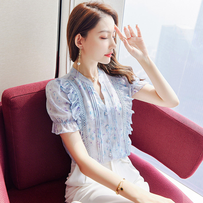 熙可儿碎花雪纺衫女短袖夏季新款时尚小衫2023韩版V领百搭上衣潮