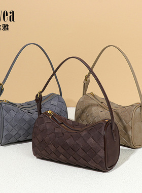 秋冬新款磨砂麂皮绒编织圆筒包包女今年流行超火腋下包单肩斜挎包