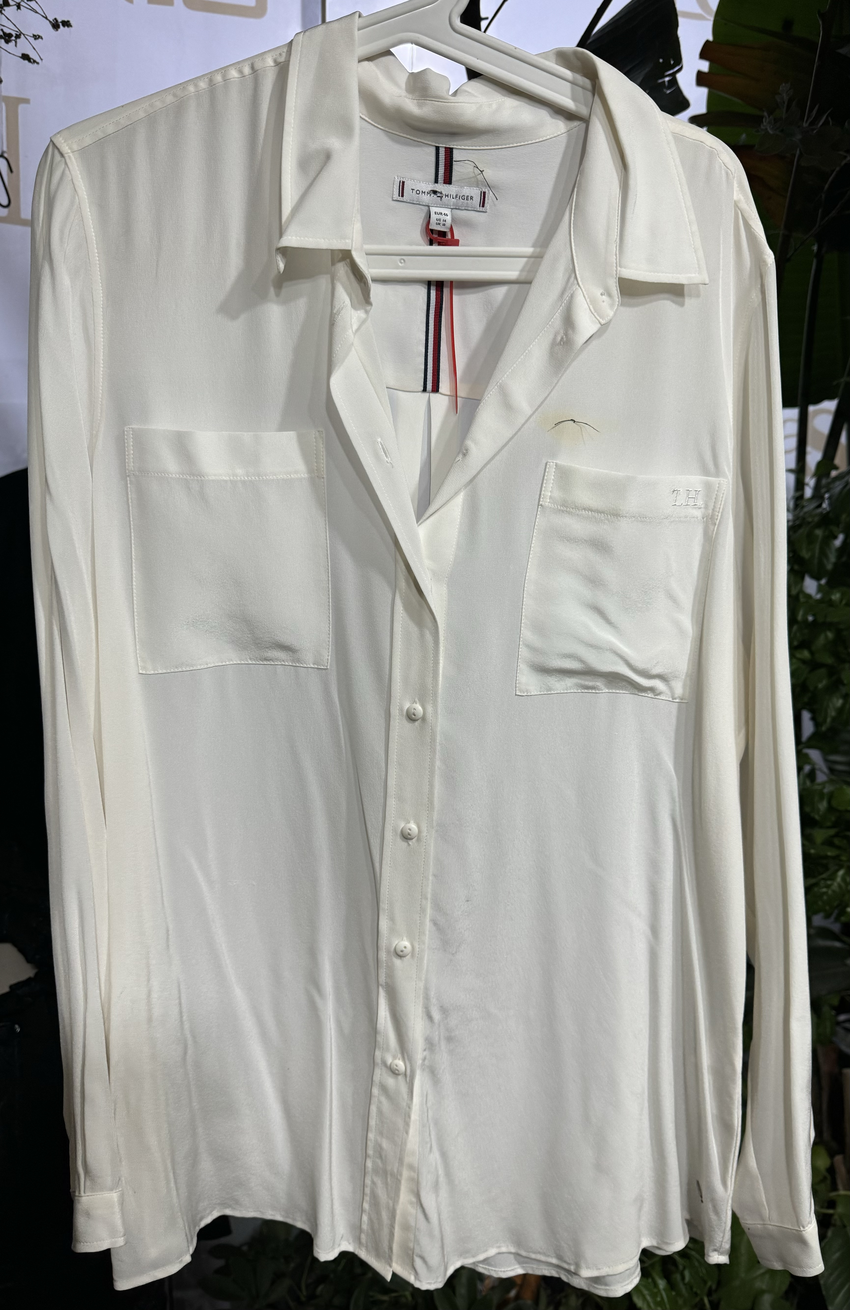 外贸原单100%真丝TommyHi双绉阔形宽松长袖衬衫 胸前熨烫黄水渍46