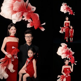 2026影楼新款锦鲤主题红色新年写真中国红氛围感艺术服装母女衣服