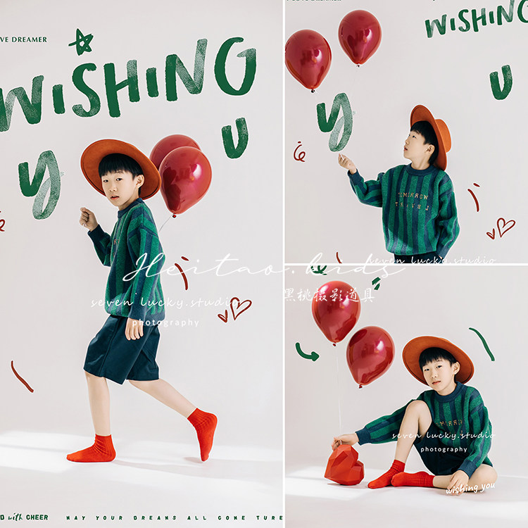 黑桃ins潮童男孩子摄影拍照服装儿童写真艺术照墨绿色毛衣套装