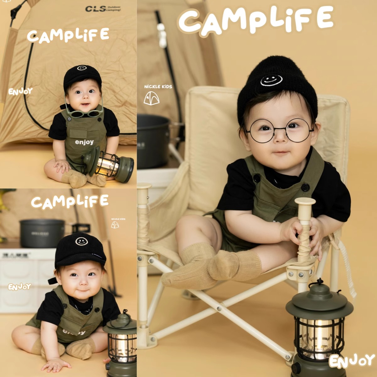 儿童摄影服装户外露营影楼拍照主题风百天照宝宝婴儿男孩背带裤衣