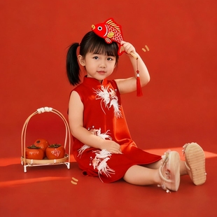 锦鲤儿童摄影服装影楼新中式红色旗袍女童中国风连衣裙喜庆拜年服