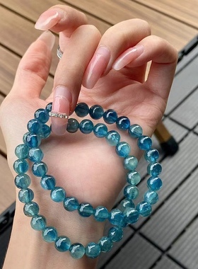 蓝绿双色蓝晶石手串双色冰种蓝绿晶手串透体猫眼拉丝绿蓝晶石手串