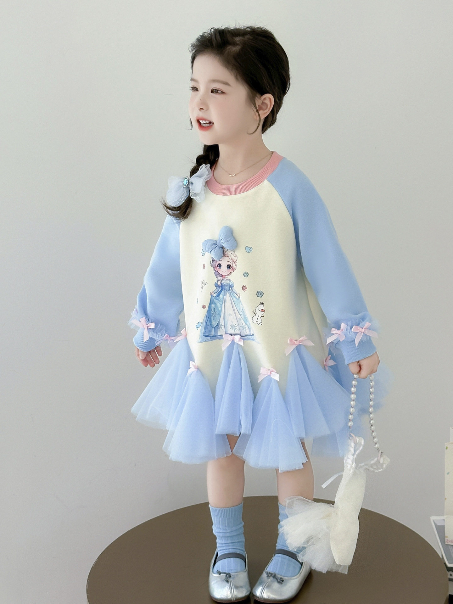 女童连衣裙春秋长袖中大童2025新款洋气拼接网纱卫衣裙女孩公主裙