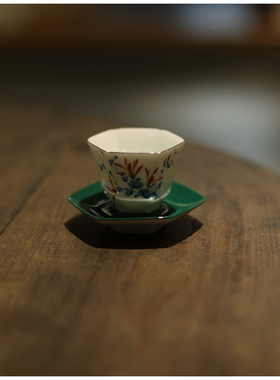 |梅似雪|《蓝彩幽兰》釉下彩主人杯客杯 六方茶杯 景德镇手绘