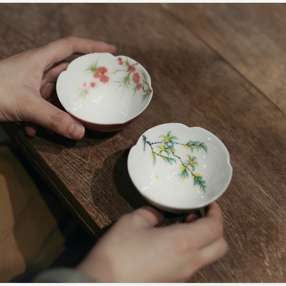 |勿念|《八月桂花》葵口小茶碗 豆青梅子青主人杯 手绘茶盏普洱杯