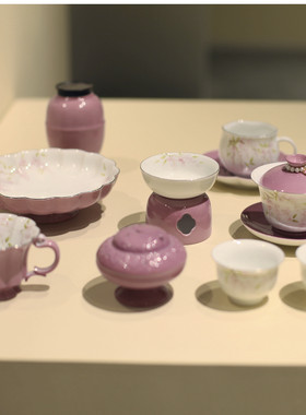 |勿念|《九重紫》紫藤花系列 手绘茶具 釉下彩 混搭盖碗 高温白瓷