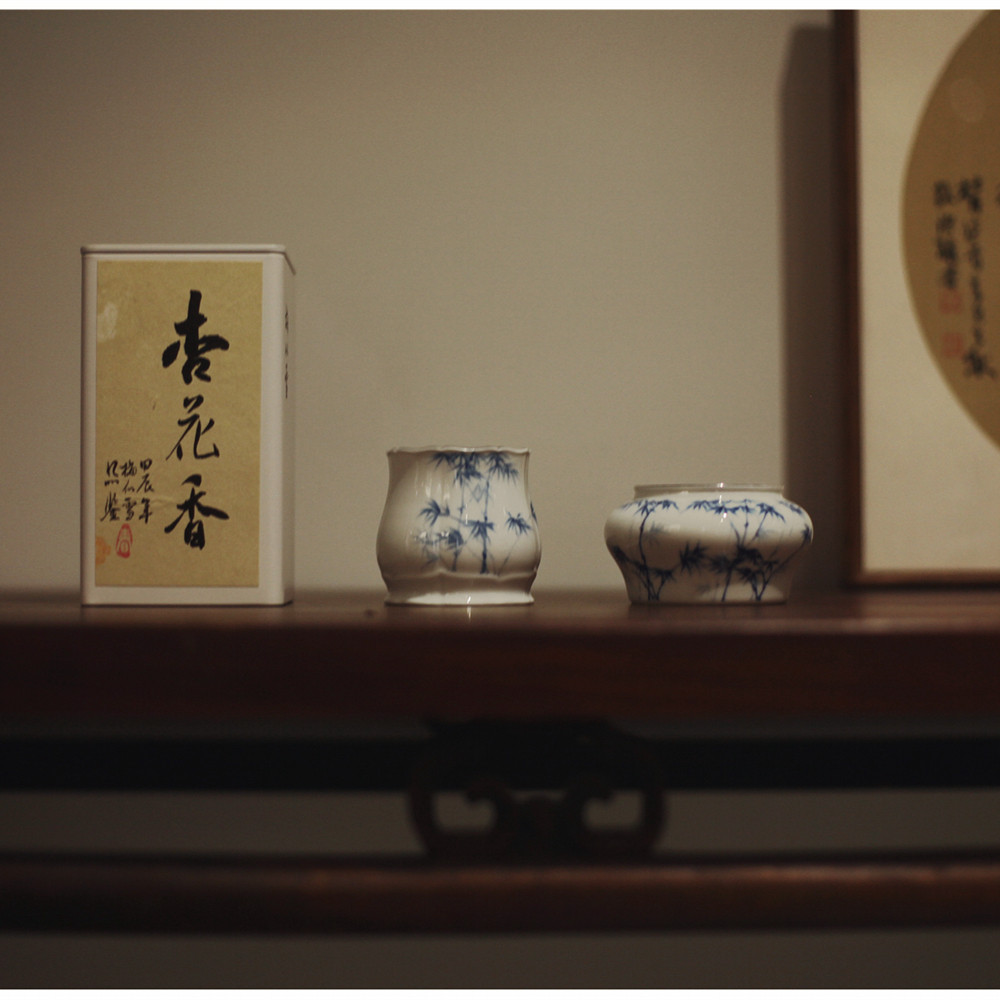 《竹逸》文房小建水 小笔洗 釉下手绘小壶承 白瓷釉下彩蓝彩 小号