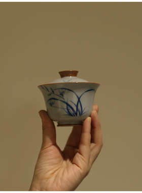 |勿念|仿古釉幽兰清风盖碗 釉下手绘 香灰釉 高足防烫