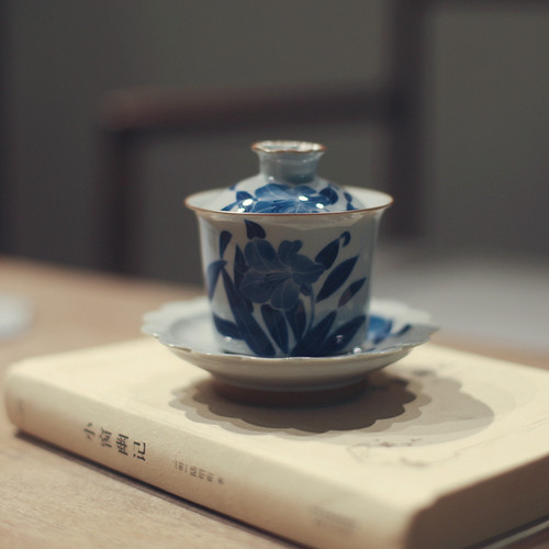 仿古釉手绘陶瓷茶杯釉下彩盖碗