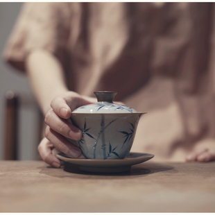 |霁斋|《竹林》南瑾三才盖碗 釉下彩手绘仿古香灰釉 茶具 竹逸