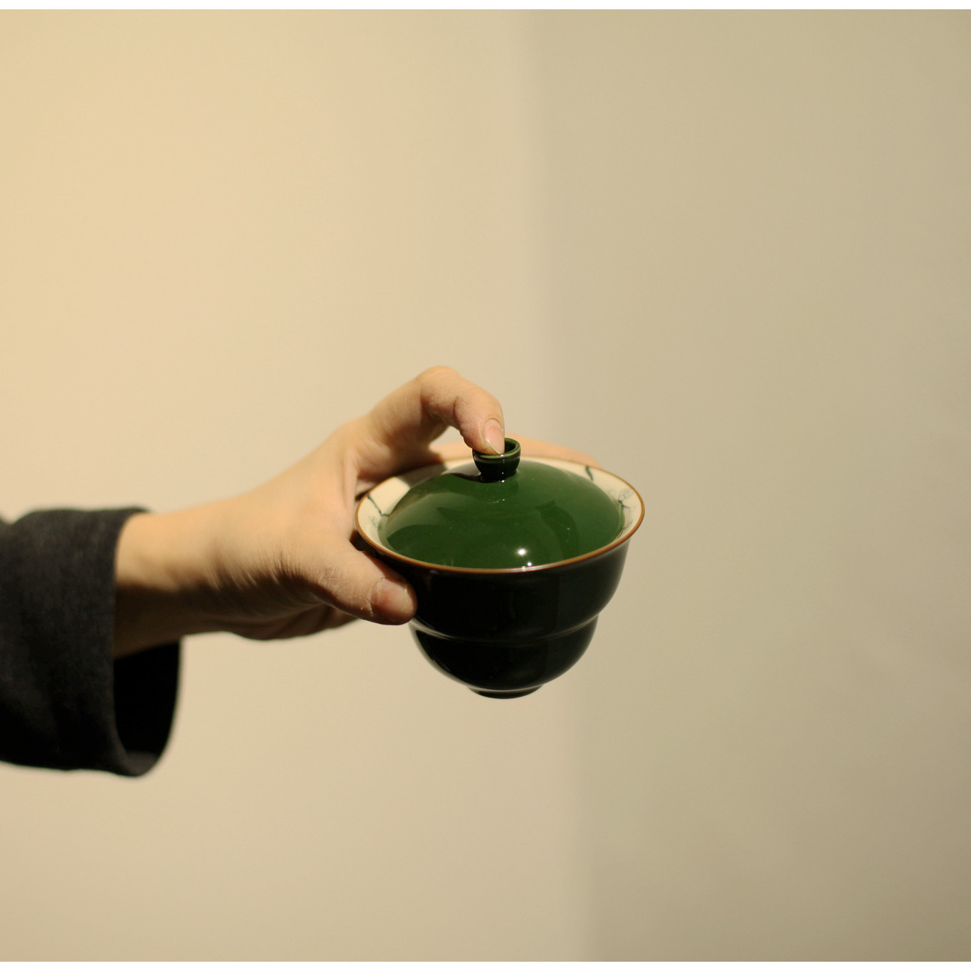 |梅似雪|《鹦鹉绿》梅花葫芦福禄盖碗 釉下彩 内彩手绘 茶具
