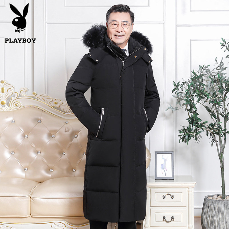 花花公子冬季新款中老年羽绒服男加厚大码加长款过膝爸爸冬装外套