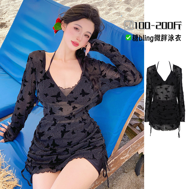 黑色大码比基尼泳衣女胖mm遮肉分体三件套性感高级感绝美温泉度假