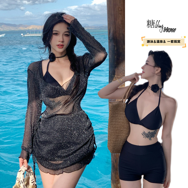 性感大码泳衣女度假比基尼分体三件套V领黑色温泉三件套2025新款