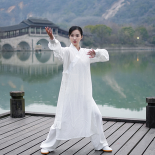 2023新款斜领绑袖长袍太极服女练功服道袍武术表演服禅修服居士服