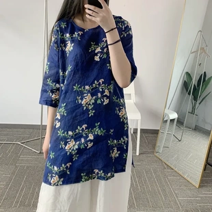 T9527女士中长款亚麻苎麻数码印花T恤短裙袍禅茶服