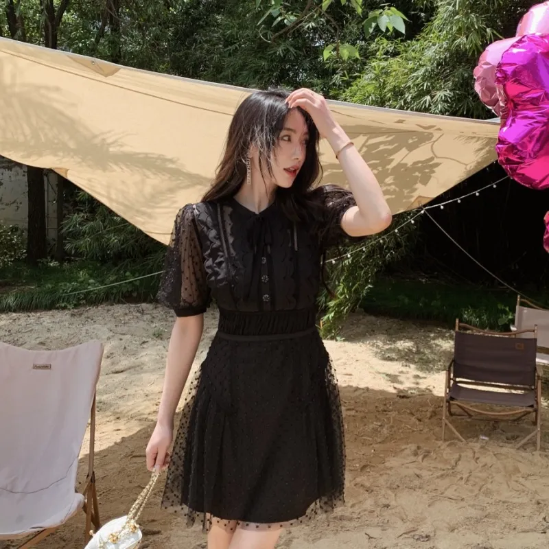 夏季新品女装经典黑色网纱系带刺绣小黑裙复古小心机连衣裙短裙子