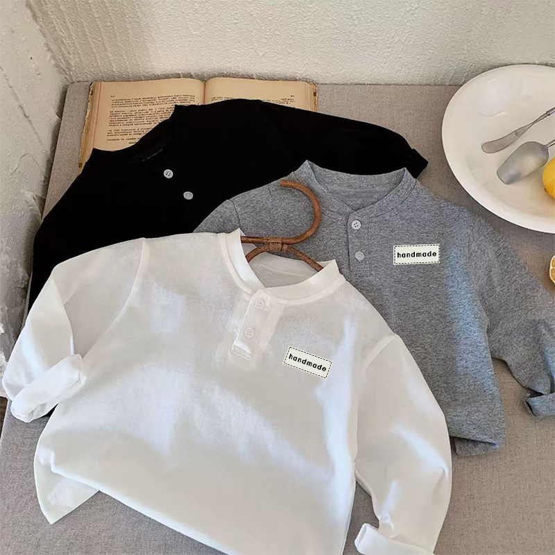 男童亨利领女童T恤卡通洋气打底上衣儿童春秋季纯棉长袖Polo白色