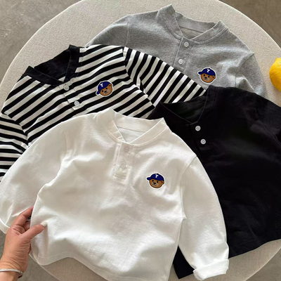 亨利领长袖T恤卡通洋气打底上衣男女童春秋季纯棉白色长袖Polo衫