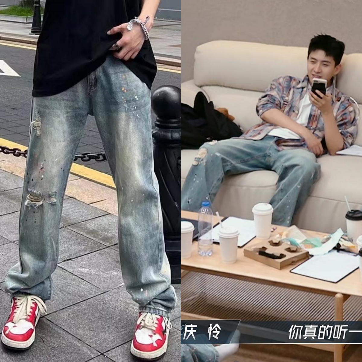 披荆斩棘的哥哥焦迈奇同款泼墨印花直筒水洗破洞休闲裤牛仔裤显瘦