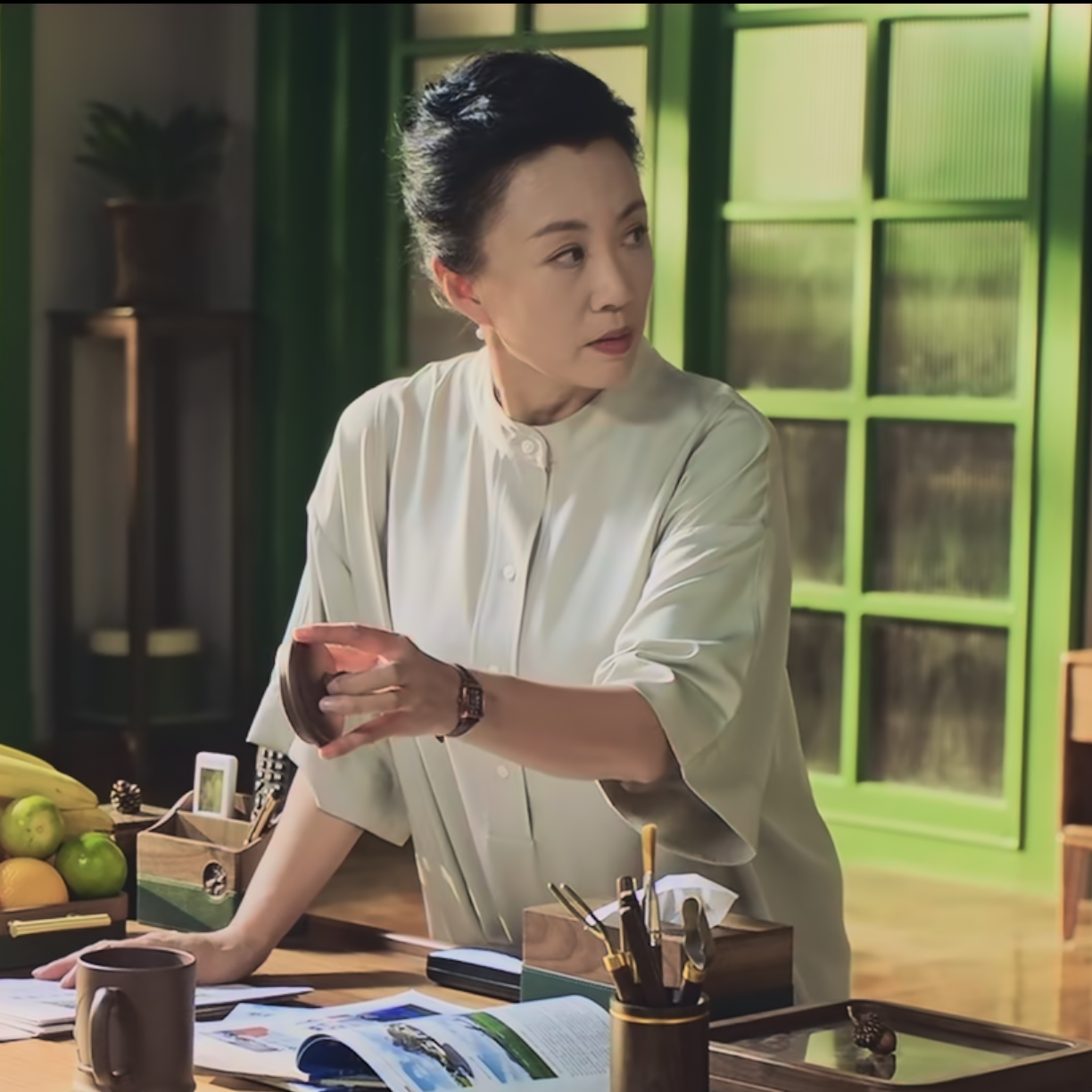 爱上海军蓝王丛马丽同款衬衣春秋新款麻混纺立领条纹七分袖衬衫女