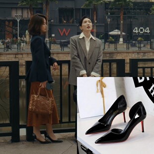 夜色正浓梁丹宁蓝盈莹同款尖头高跟鞋女浅口漆皮细跟侧空单鞋女鞋