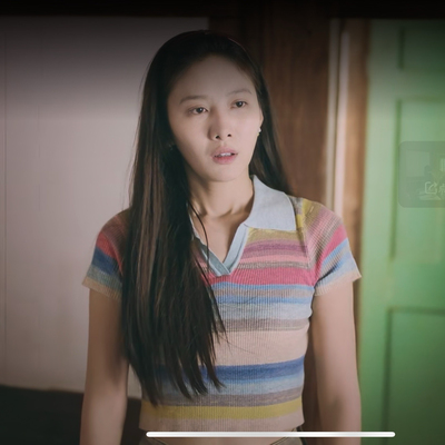焕羽乔贝羽吴优同款彩虹条纹减龄正肩恤夏季撞色纯欲针织领短袖女