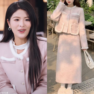 通灵少女归来殷玥于小野同款 女感毛绒短外套半身裙两件套 秋冬套装