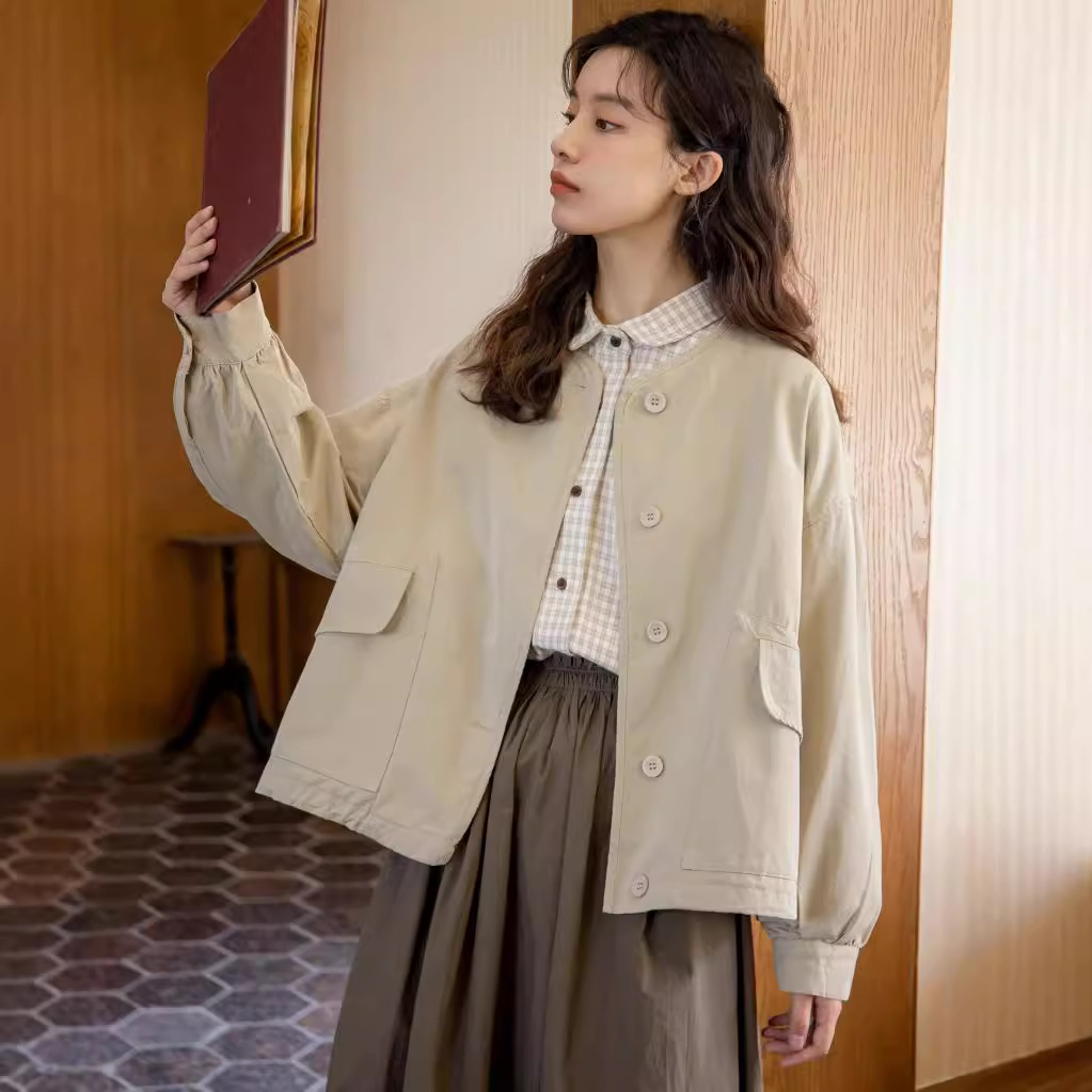 难哄温以凡章若楠同款简约文艺圆领宽松大口袋设计感工装外套女