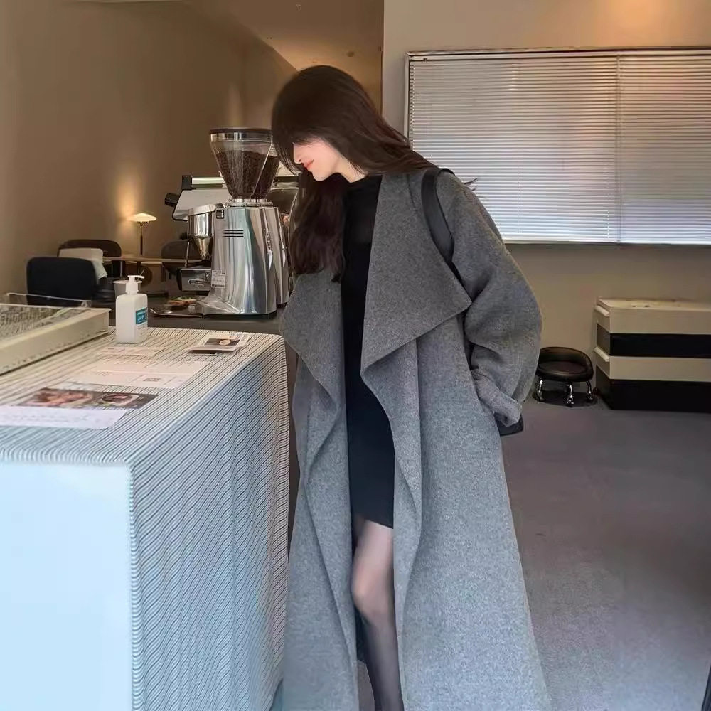 时差一万公里成曼胡杏儿同款大翻领双面羊毛大衣加大系带毛呢外套