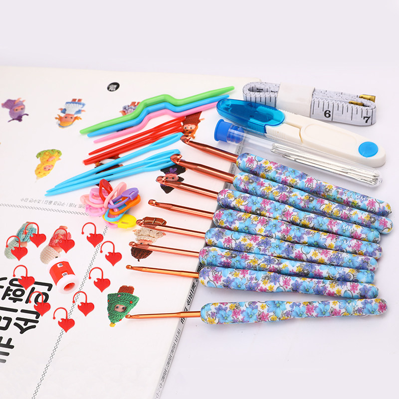 蓝色小碎花TPR手柄金属铝钩针套装DIY编织工具套装送教程收纳包