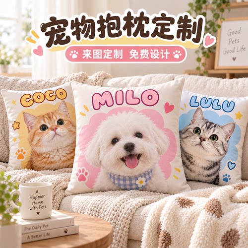 宠物抱枕定制来图定做照片小猫咪狗狗diy图案方形靠垫床上靠背枕