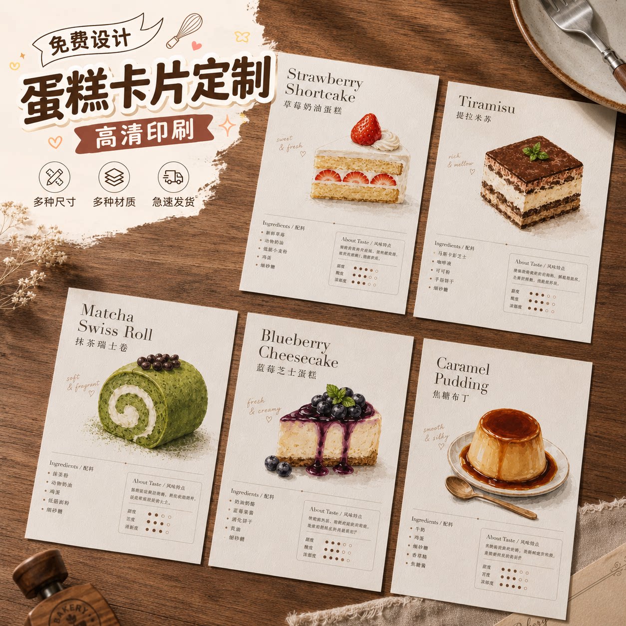蛋糕卡片定制甜品介绍明信片烘焙产品名片说明书面包店装饰硬卡纸