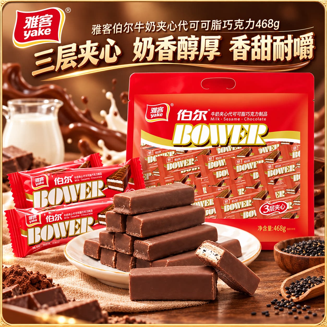 雅客伯尔牛奶夹心代可可脂巧克力468g结婚喜糖休闲零食小吃批发