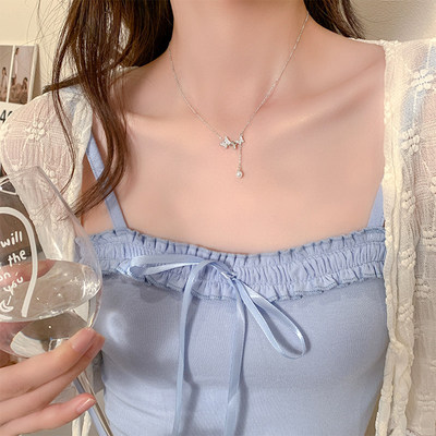 小众蝴蝶珍珠流苏锁骨链女轻奢