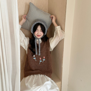 宽松慵懒风绣花针织背心女软糯无袖 秋冬新款 毛衣马夹叠穿马甲坎肩