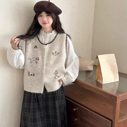 日系可爱减龄无袖针织开衫背心女秋冬宽松慵懒学院风叠穿毛衣马甲