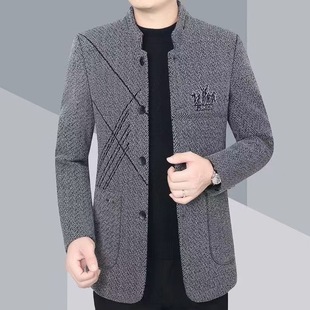 秋冬薄绒中长款外套立领夹克商务毛呢外套男休闲修身男士秋冬大衣