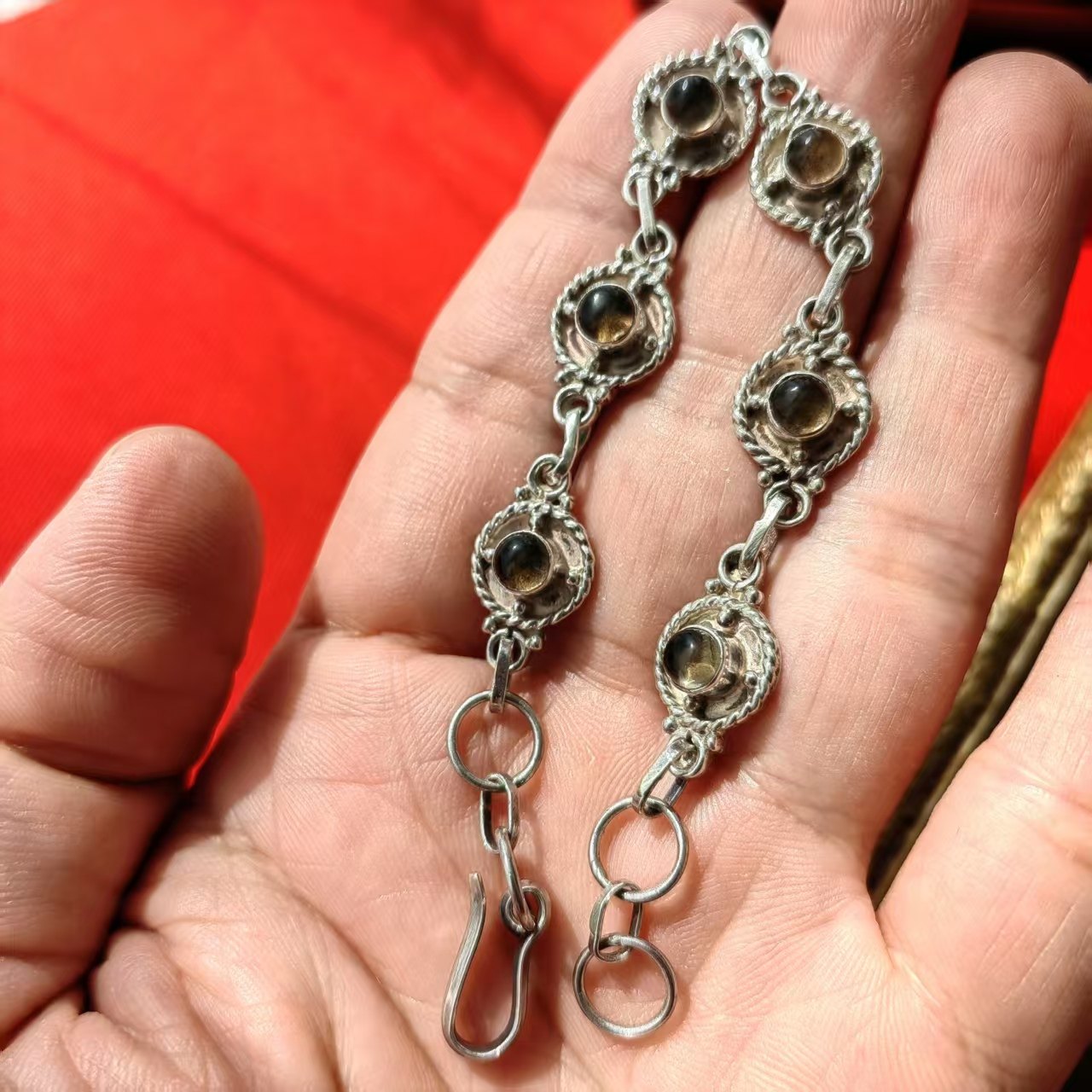 墨西哥手工茶晶925纯银宝石可调节长短手链手环中古首饰西洋古着