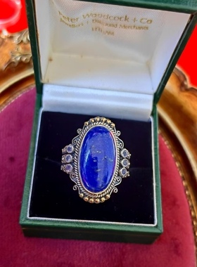 18K纯金炸珠纯银花丝镶嵌帝王青金石紫水晶925纯银戒指戒圈中古着