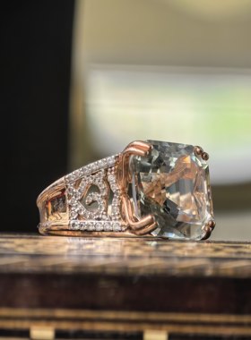 玫瑰金镶天然绿紫晶/绿水晶纯银豪华戒指 重工镂空钻饰 孤品