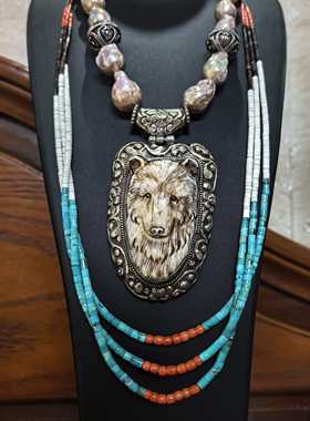 天然巴洛克随型珍珠925纯银手工雕刻熊护身符项链吊坠中古着首饰