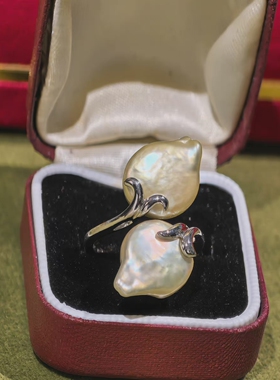 法式中古轻奢珠宝风格 双颗异形巴洛克珍珠银戒藏品 手围13号