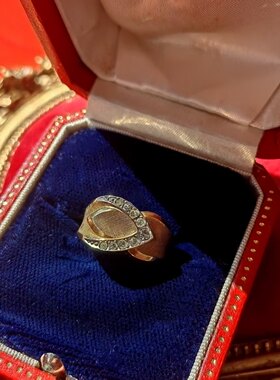 意大利进口现货中古首饰 10K纯金镶钻戒指厚重优雅西洋古董艺术品