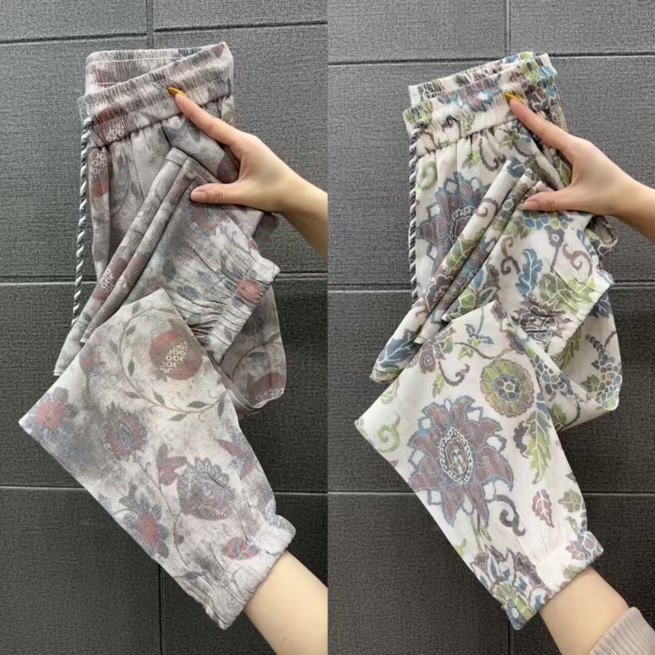 碎花松紧腰显瘦束脚九分休闲裤