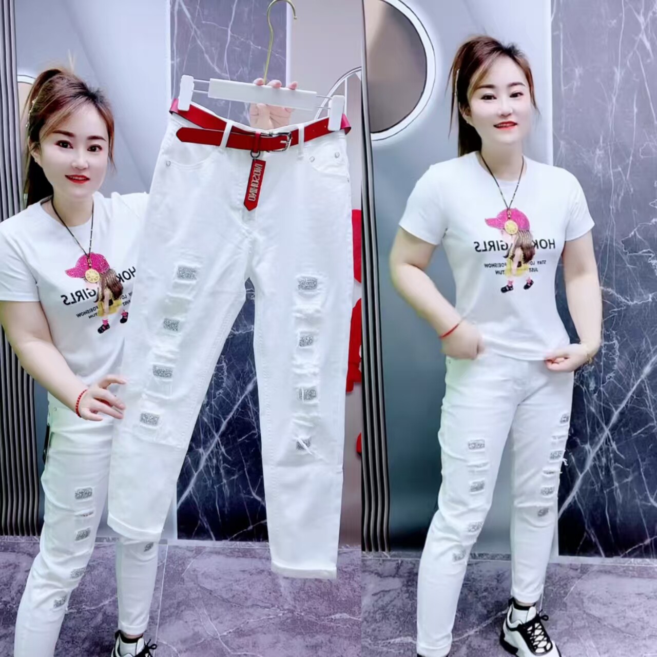 白色高腰显瘦破洞烫钻牛仔裤女