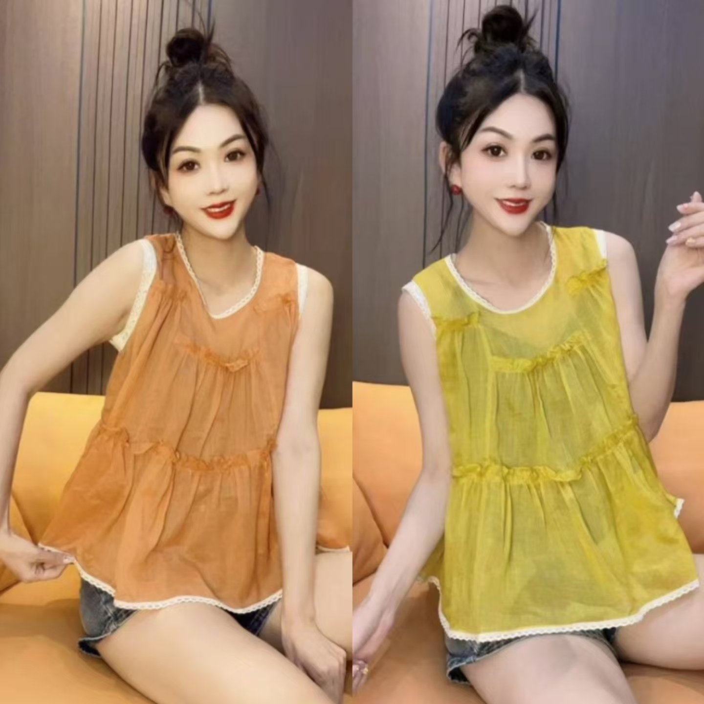 短款拼接衬衫女夏季新款宽松显瘦无袖背心减龄洋气娃娃衫上衣2025